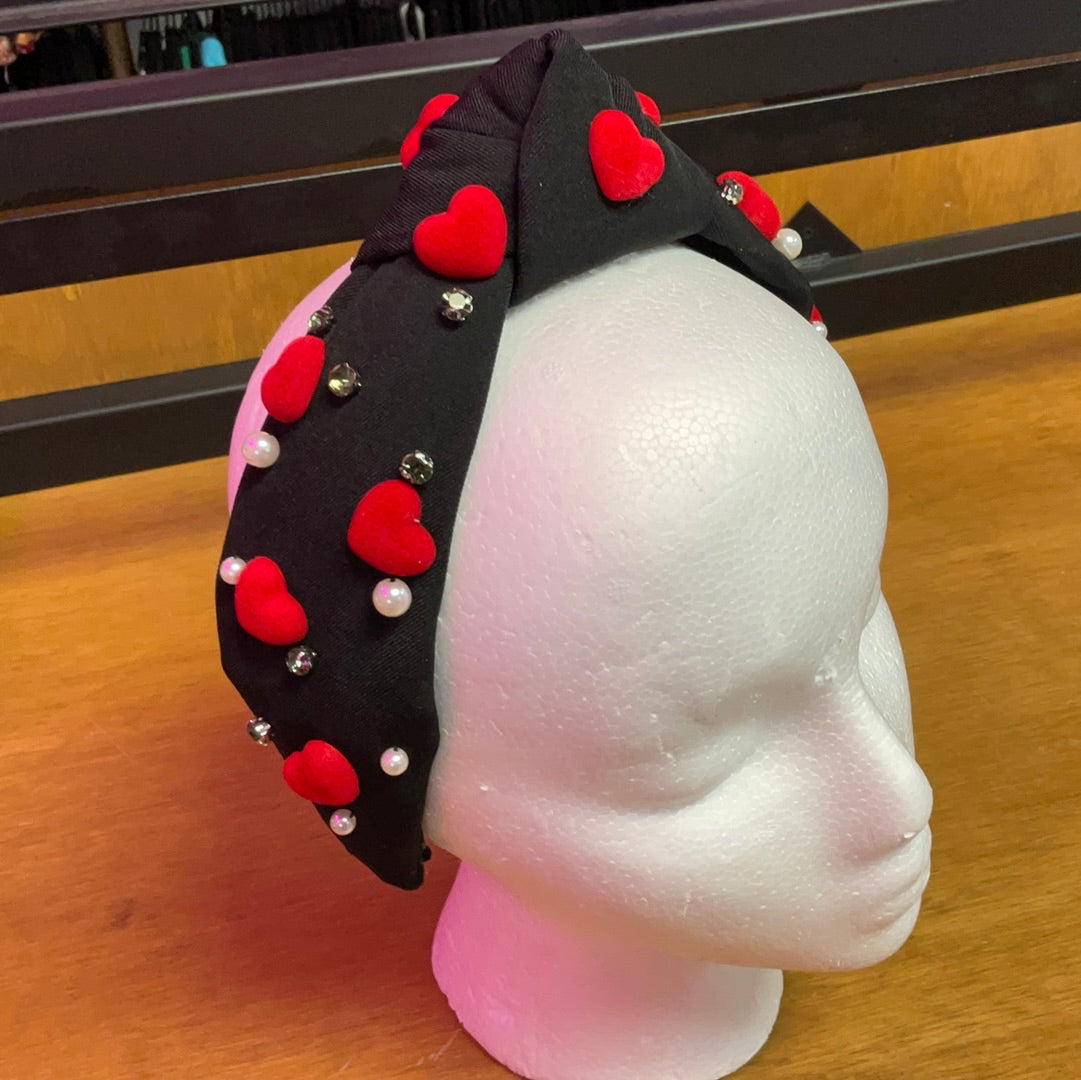 Headband black hearts & rhinestones
