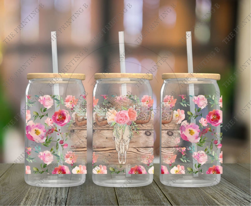 Floral Skull Uvdtf Glass Can Wrap - 94