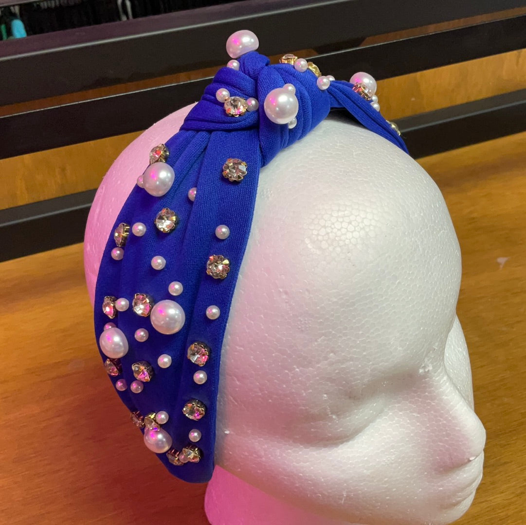 Headband blue pearls & rhinestones