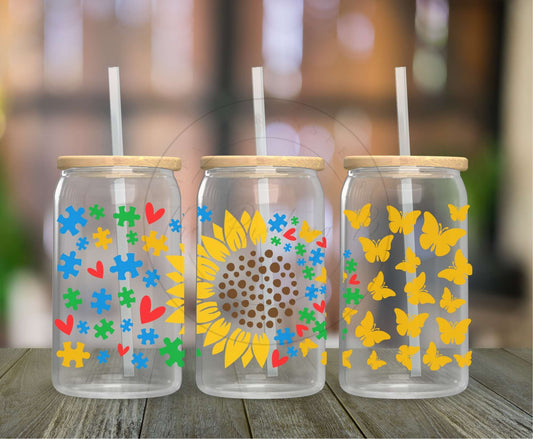 130 - Autism Sunflower UVDTF Glass Can Wrap