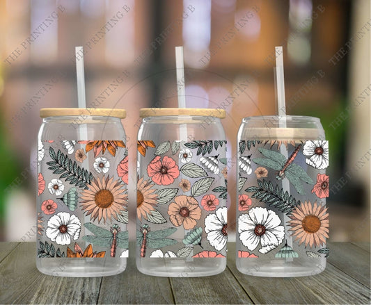 Boho Flowers And Dragonflies Uvdtf Glass Can Wrap - 96